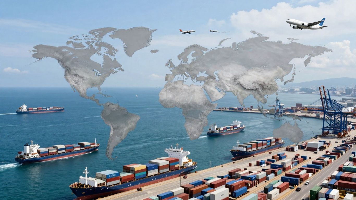 Nave cargo, avioane și porturi, simbolizând comerțul global.