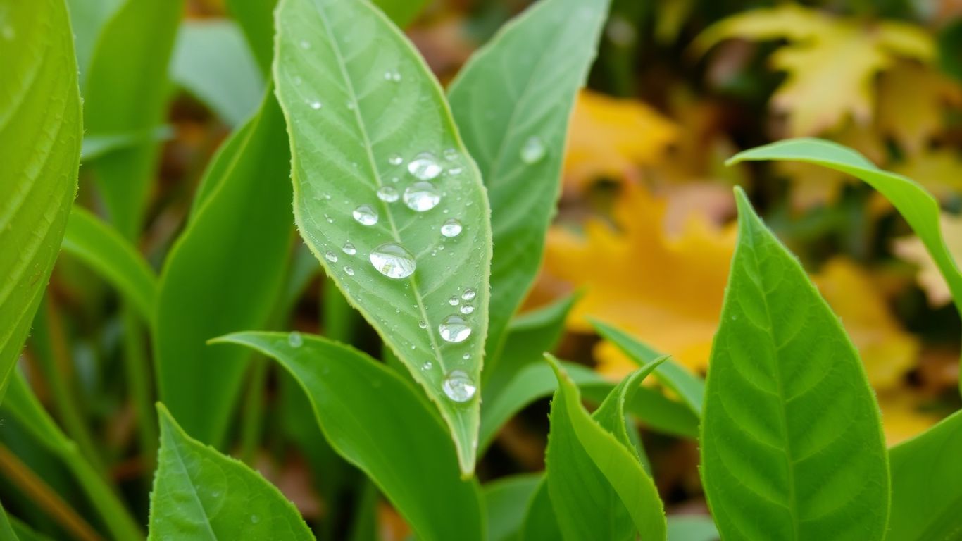 Gesunde Pflanzenblätter im Herbst mit Tautropfen.