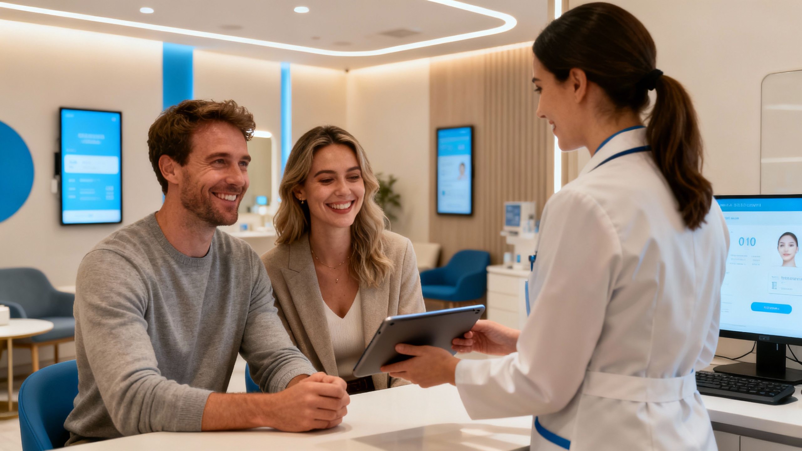 Aesthetics clinic consultation with UK patients and technology.