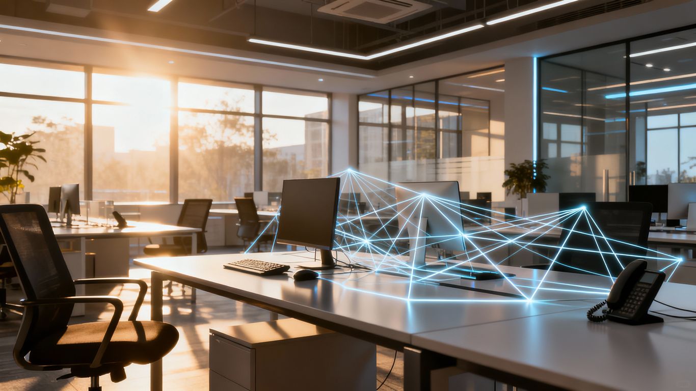 Modern business voice and data system with glowing connections.