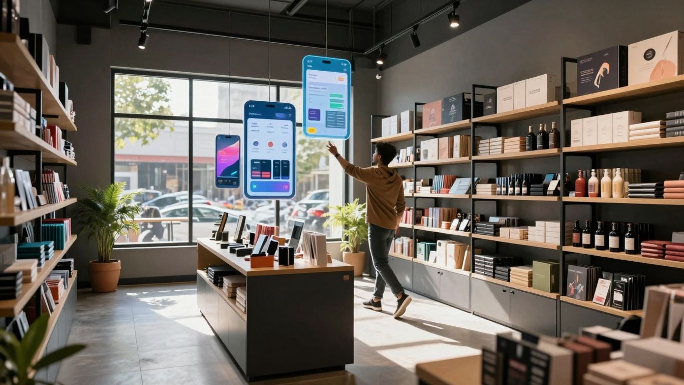 Modern e-commerce store with products and digital interfaces.