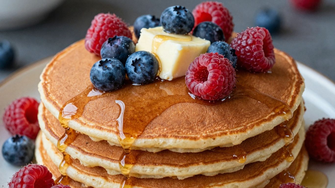 Healthy breakfast pancakes with berries and syrup.