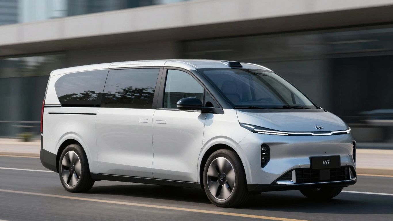 Futuristic Kia PV5 electric van driving on a road.