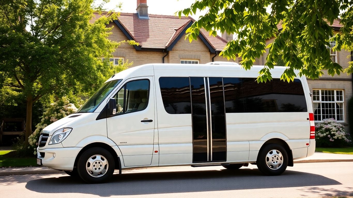 White minibus outside wedding venue, ready for hire.
