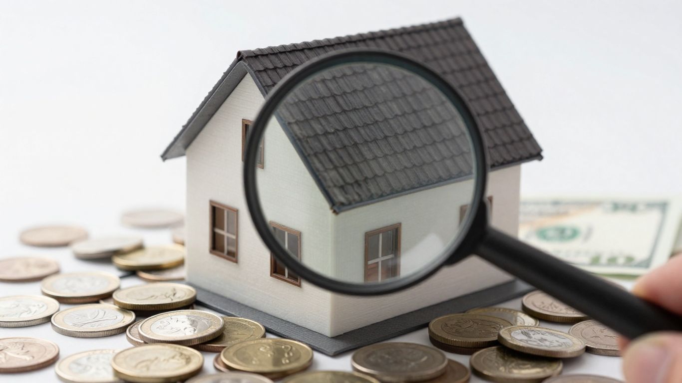 Casa con lupa y dinero, detalles económicos del seguro hogar.