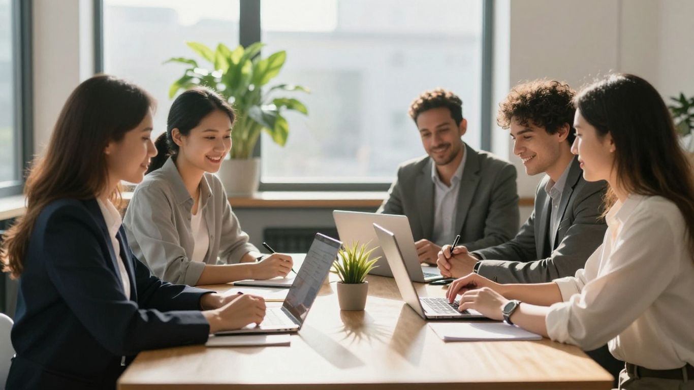 Люди співпрацюють у світлому сучасному офісі.