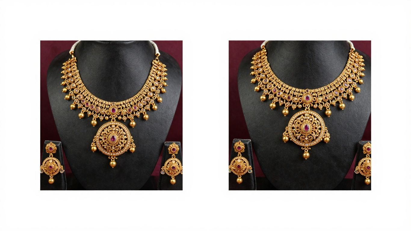 Gold bridal jewellery set with vaddanam