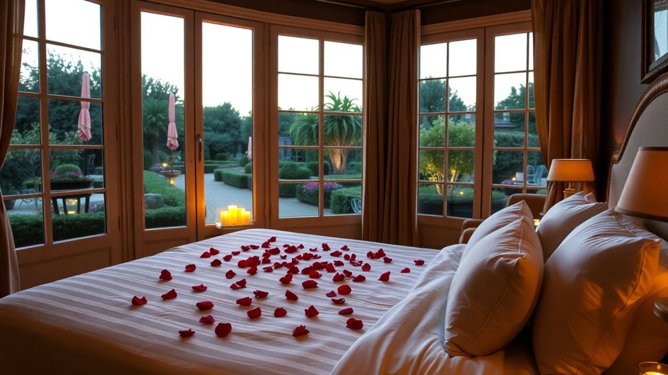 Chambre romantique avec pétales de rose et lumière tamisée.