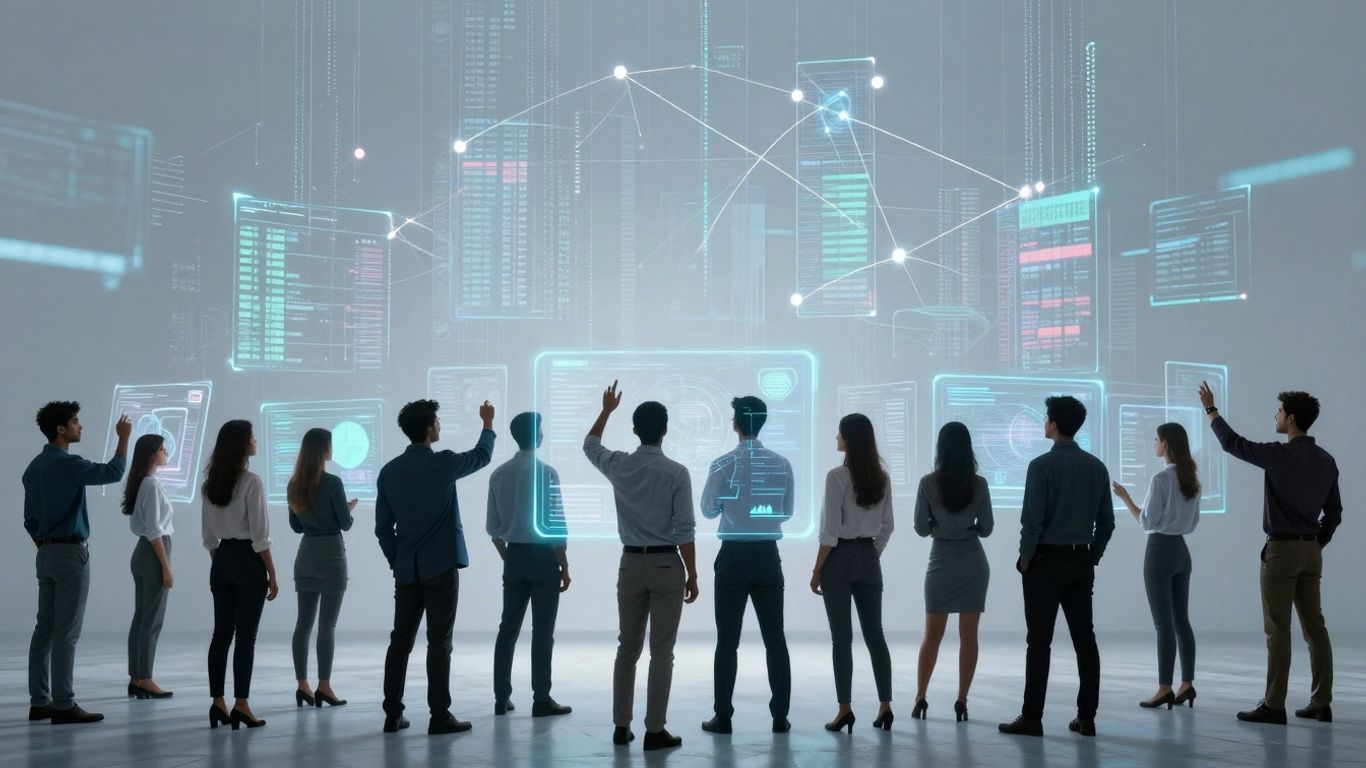 People interacting with futuristic technology and digital interfaces.