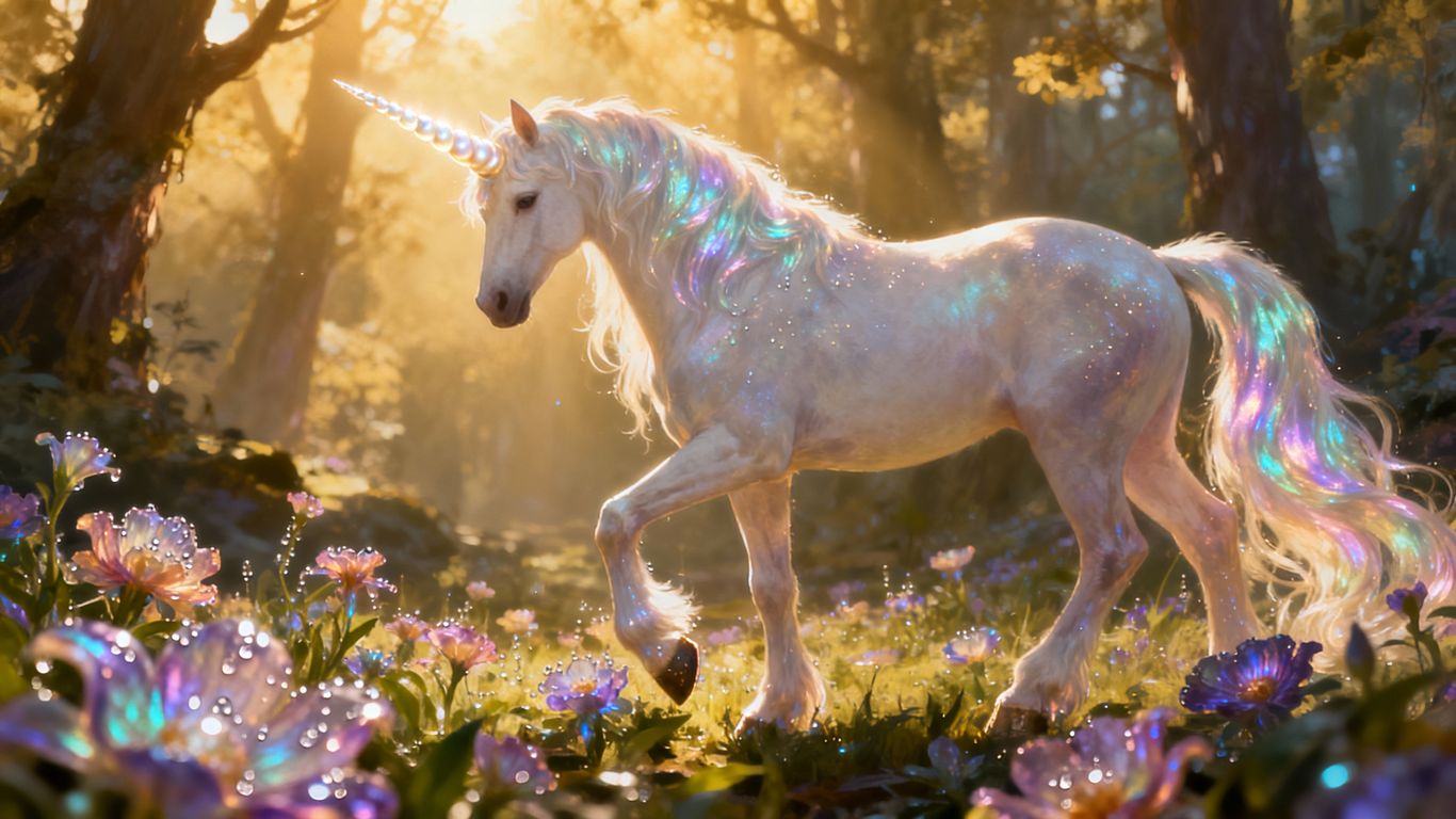 Majestic unicorn in a sunlit, magical forest clearing.