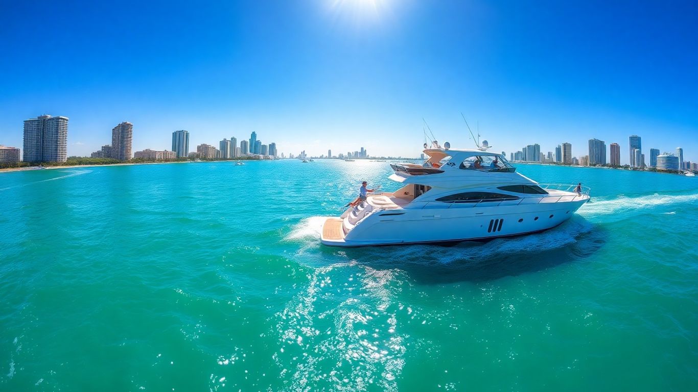 Luxury yacht party in Miami with city skyline.