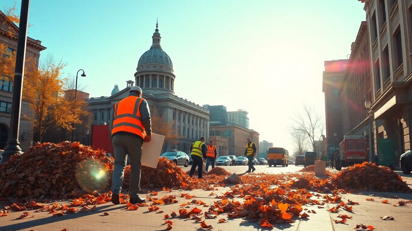 St. Paul city cleanup in progress on an autumn day.