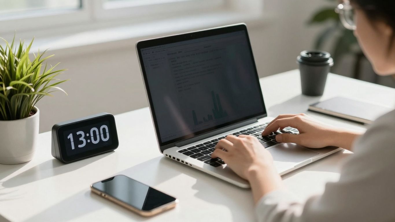 Digital focus timer on a desk with a laptop.