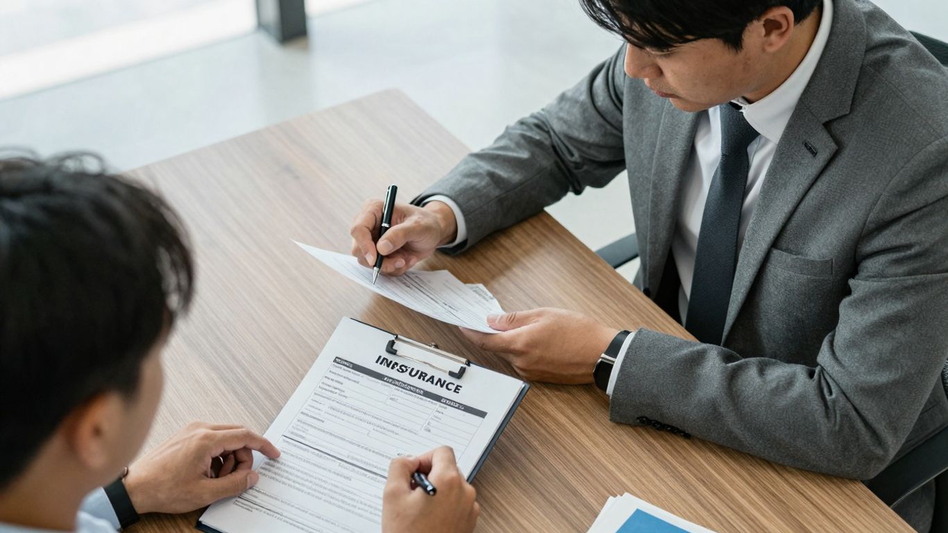 Person and adjuster discussing car insurance claim form.