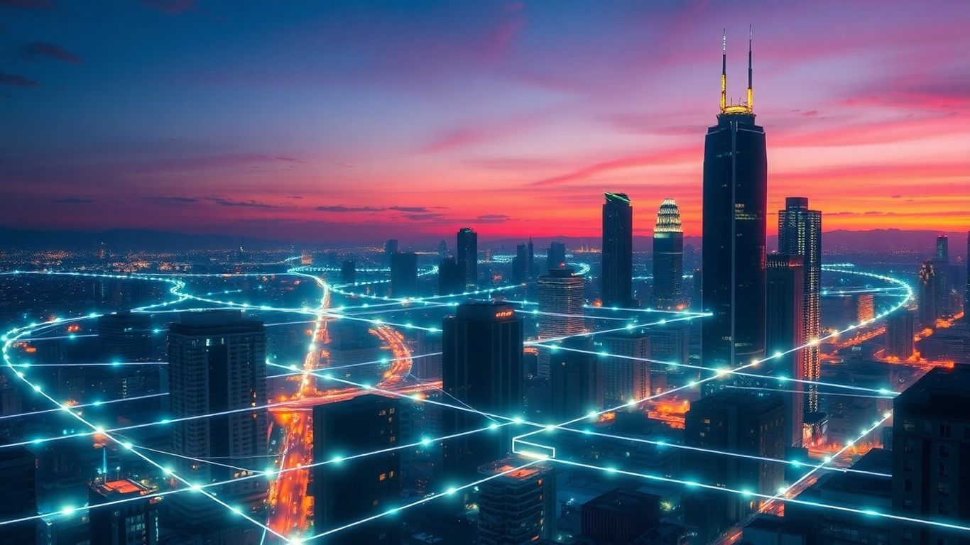 Futuristic city with glowing energy grid connections.