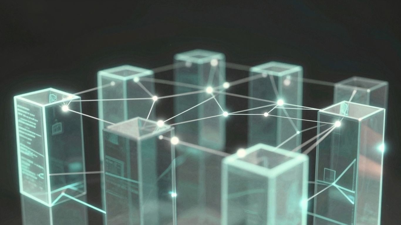 Digital ledger blocks forming a decentralized network.