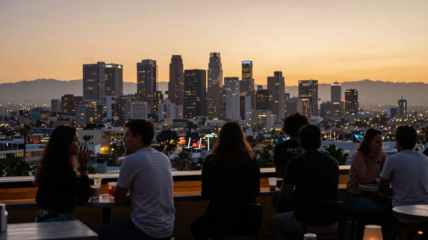Los Angeles cityscape with people mingling at a rooftop bar.