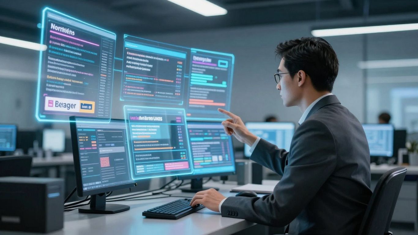 Reporter using futuristic technology for news reporting.