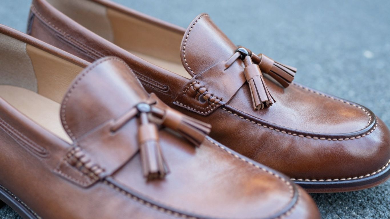 Close-up of brown leather tassel loafers