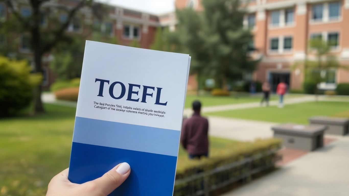 TOEFL test booklet with university background.