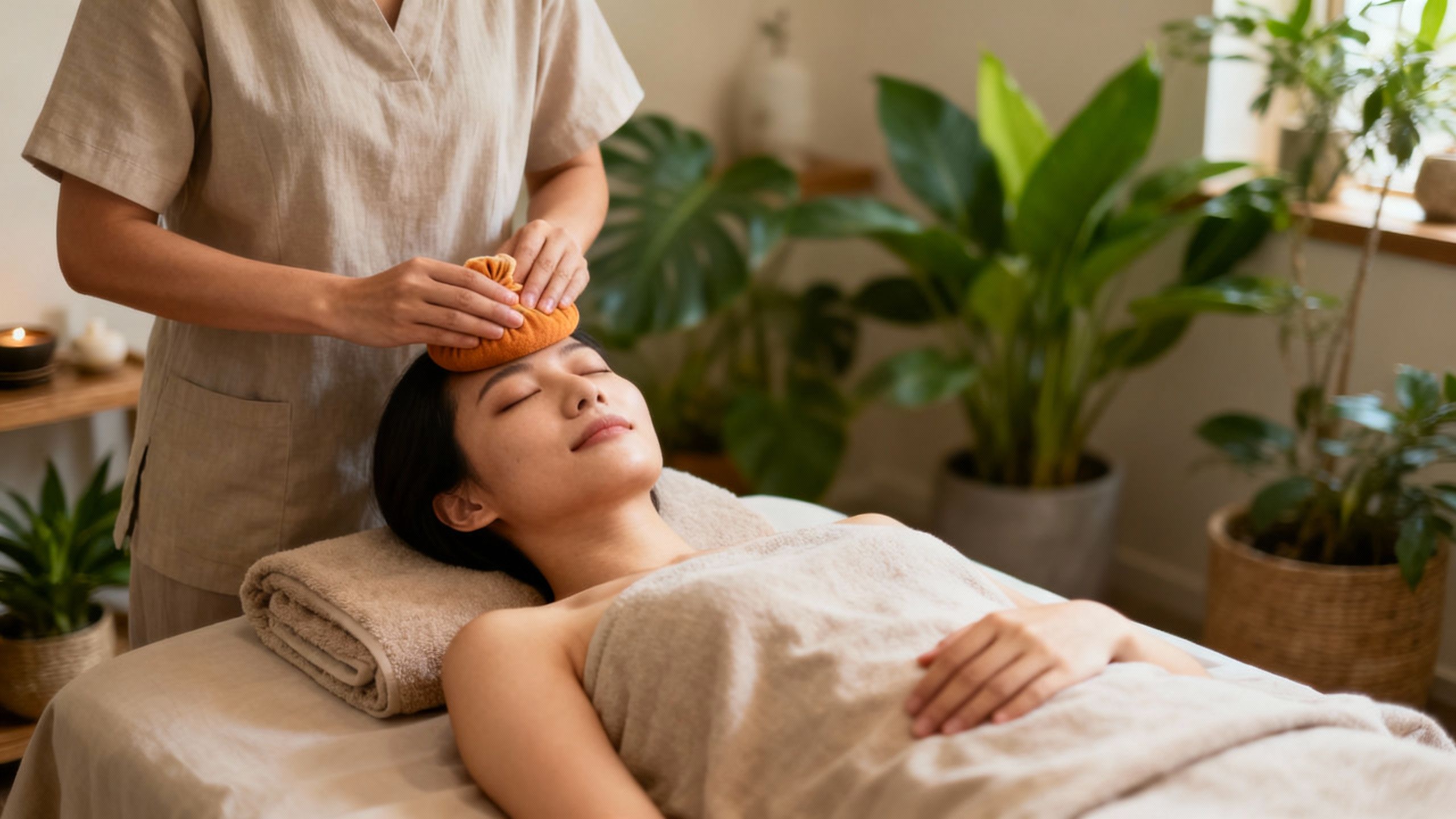 Spa client receiving a relaxing facial treatment.