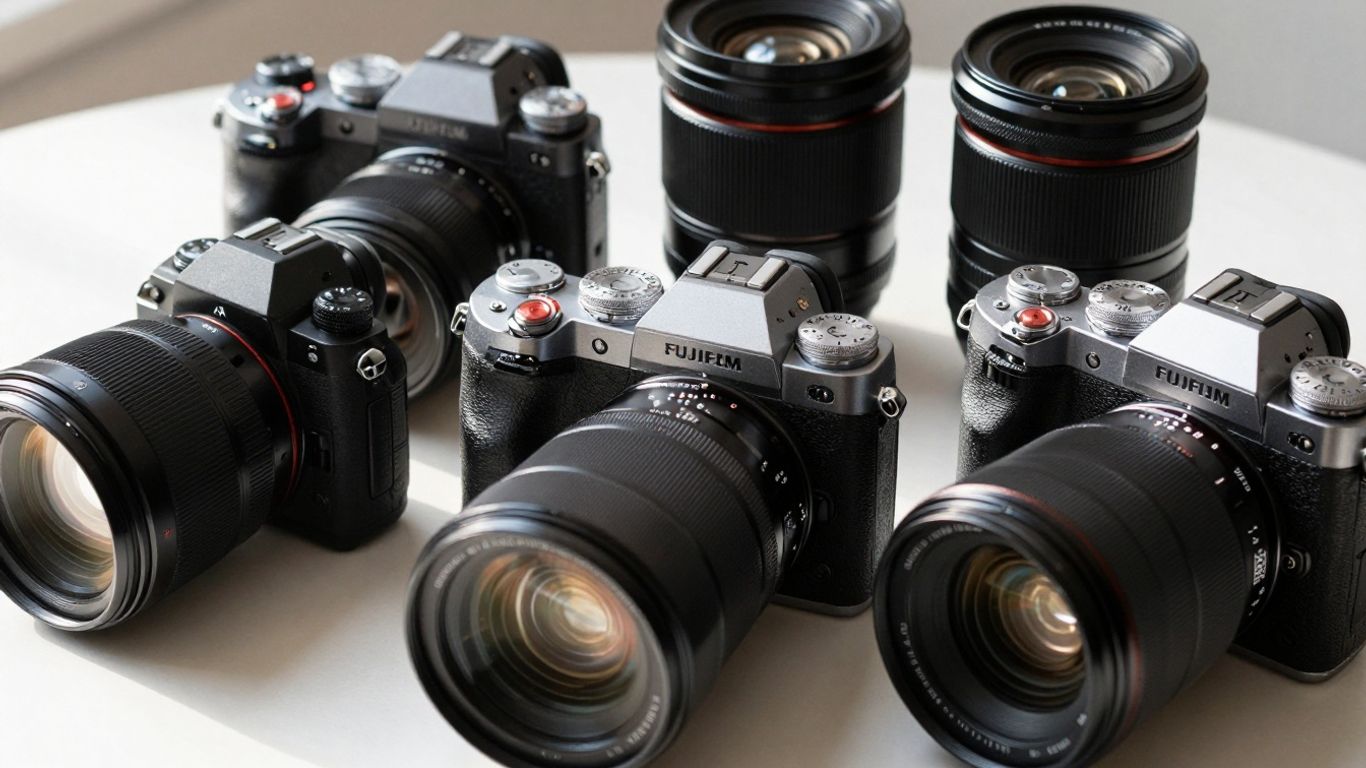 Fujifilm cameras and lenses on display.