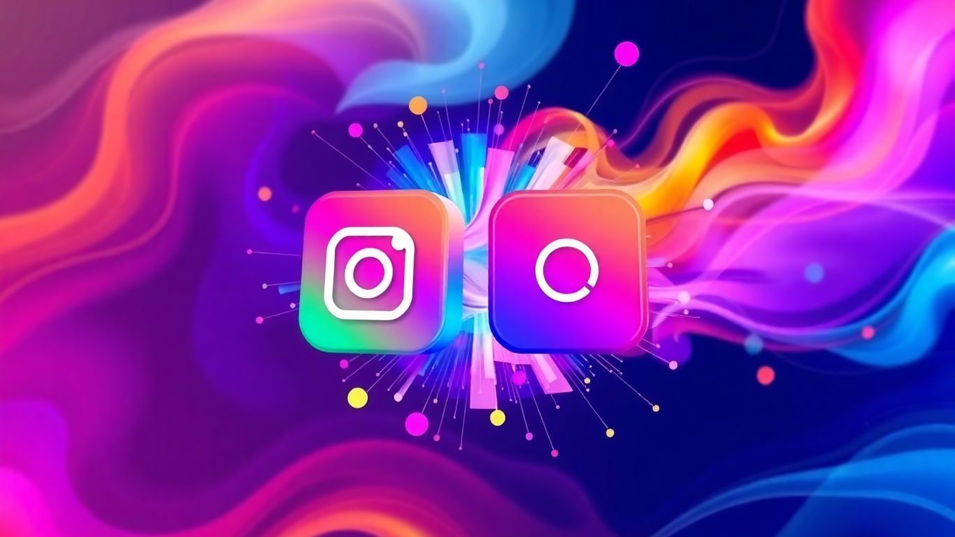Instagram giveaway strategies. Instagram logos merging with colorful abstract bursts.