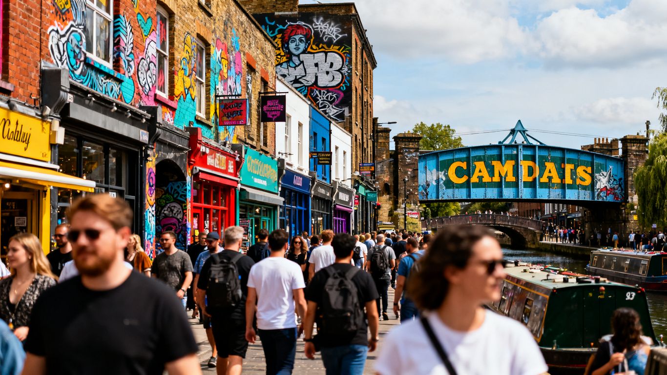 Camden street scene with art, shops, and bridge.