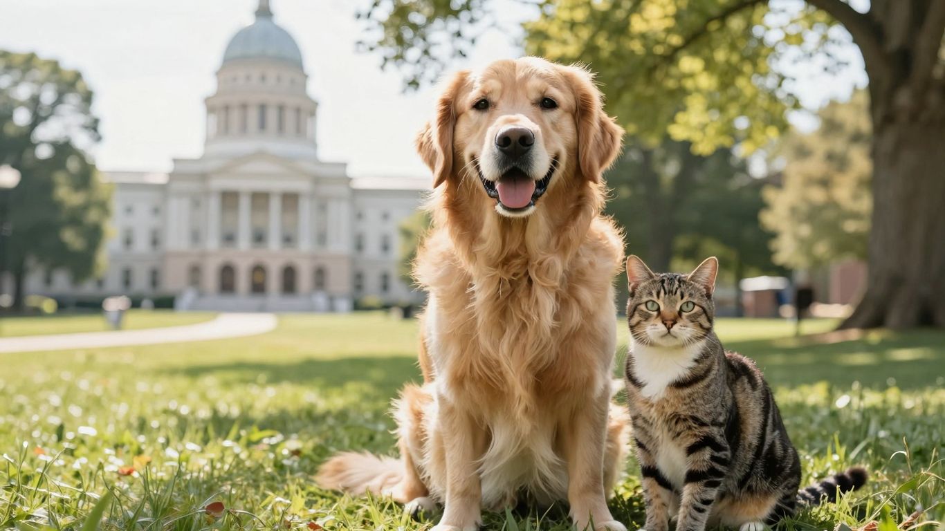 Dog and cat on grass with Connecticut capitol building.