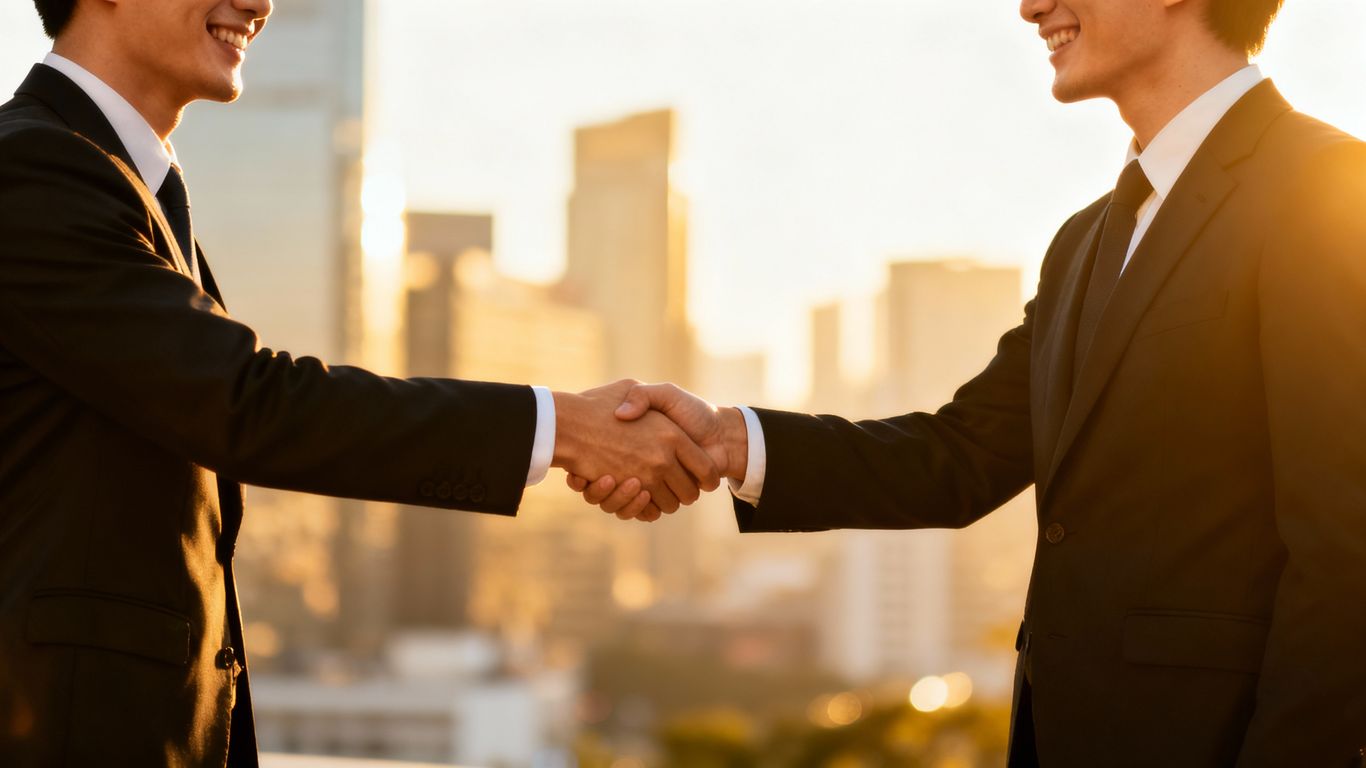 Professional handshake with cityscape background