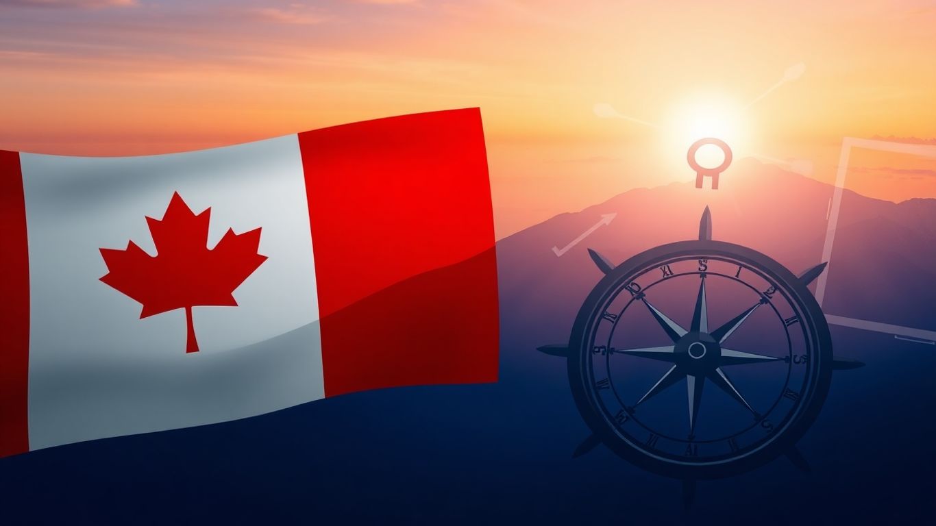 Canadian flag with digital currency symbols and compass.