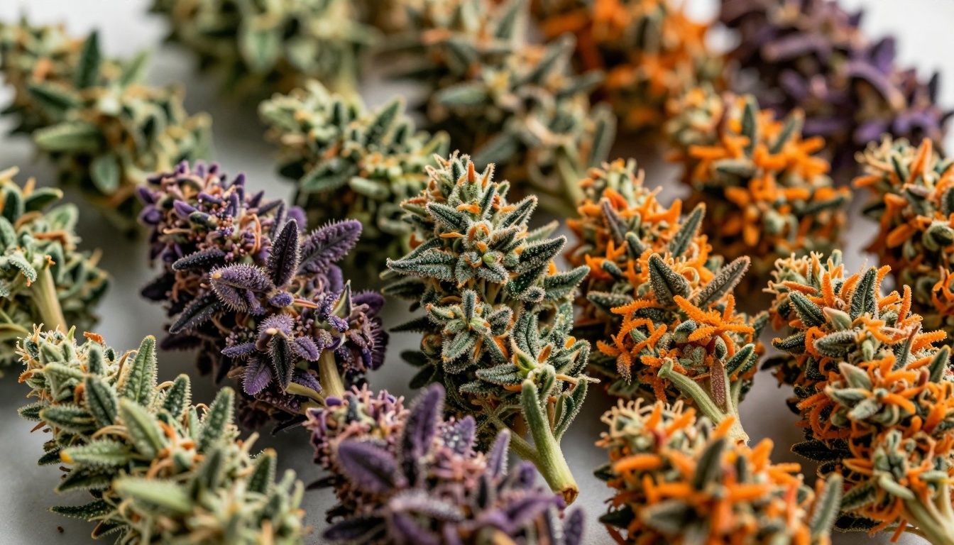 Colorful marijuana buds with rich textures and vibrant hues.