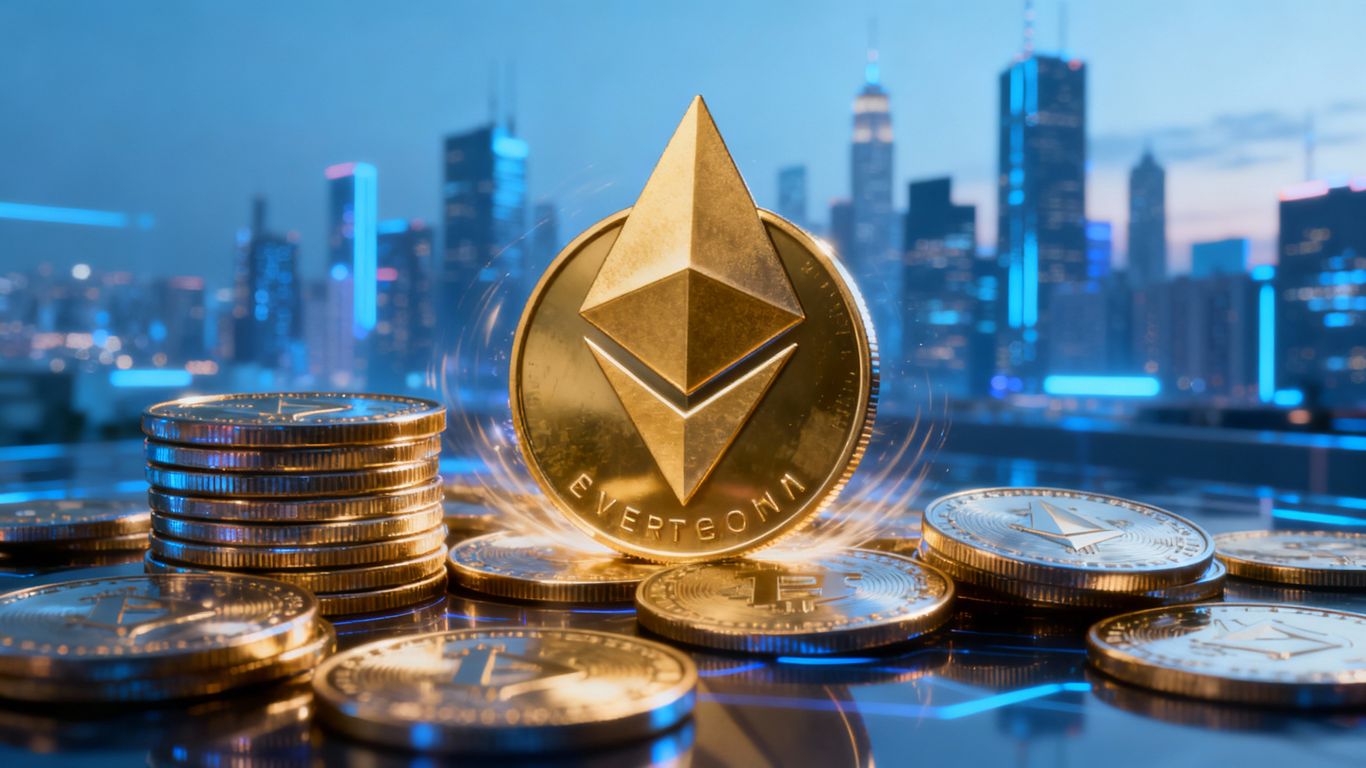 Ethereum coin turning into stablecoins on futuristic background