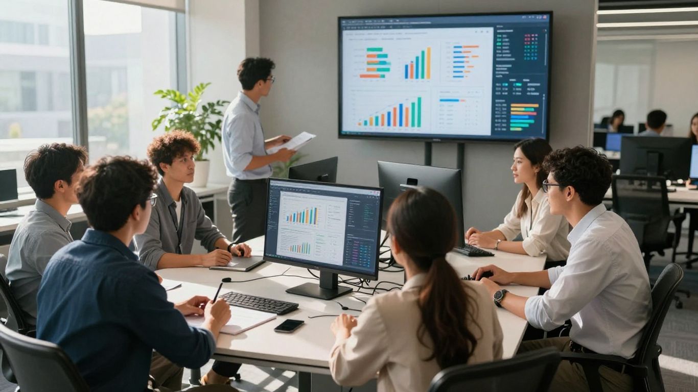 Professionals in een vergaderruimte met data visualisaties.