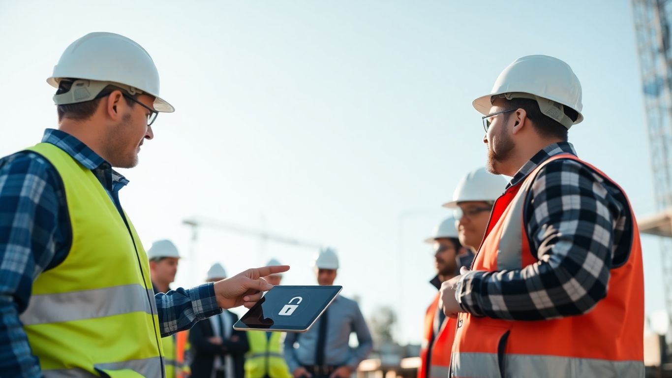 Construction team looking at tablet with security icon.
