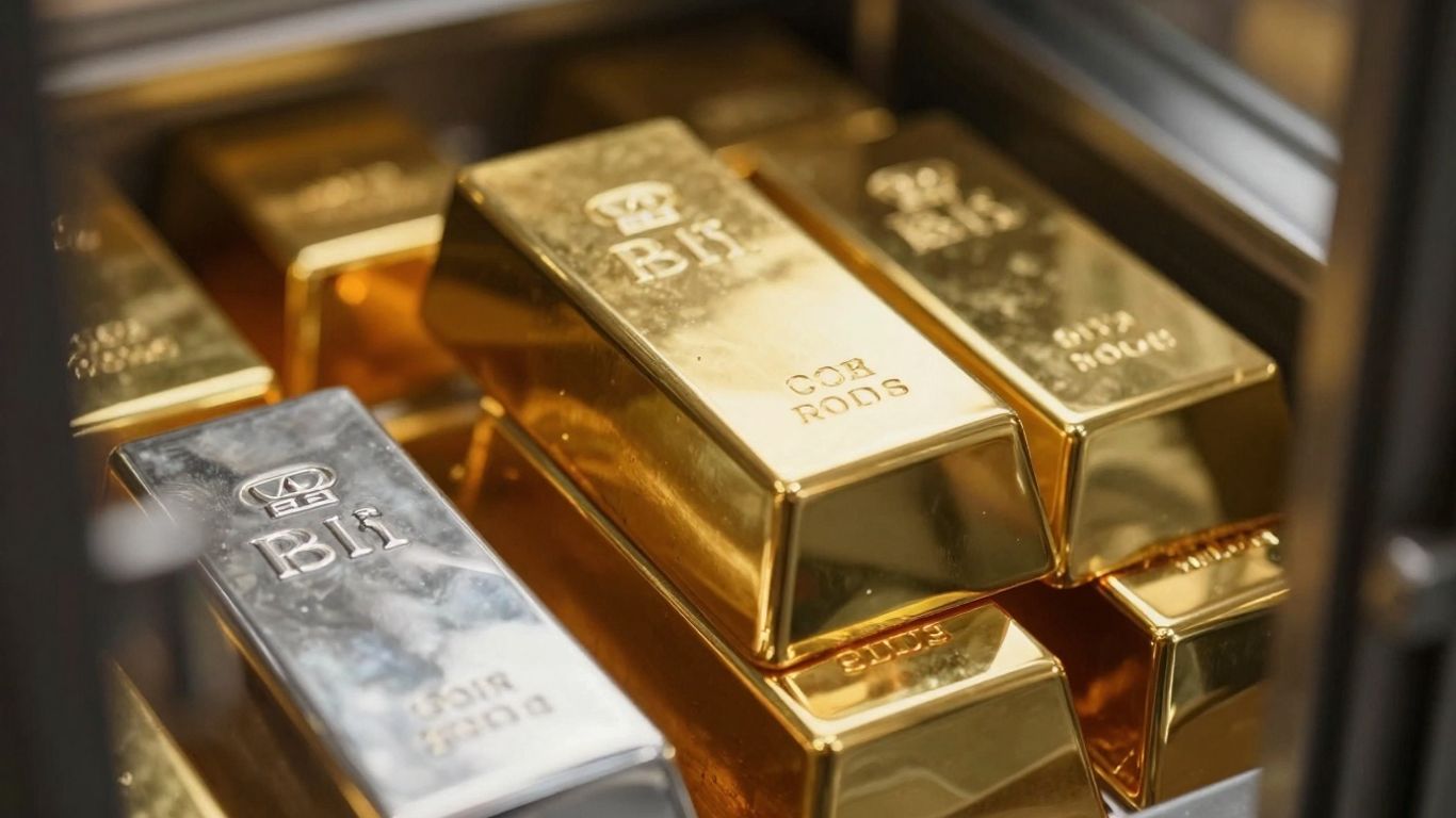 Gold and silver bars stacked in a vault.
