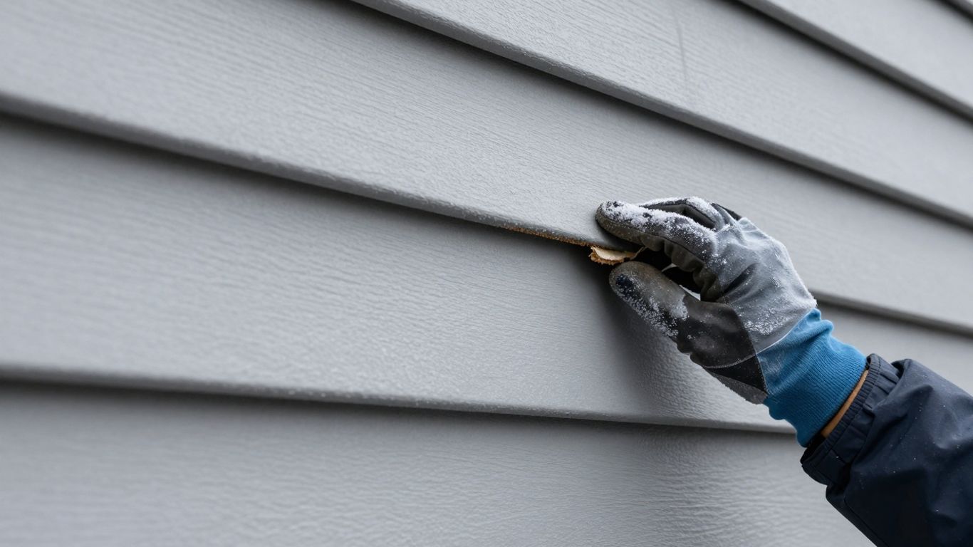Homeowner inspecting house siding for winter readiness.