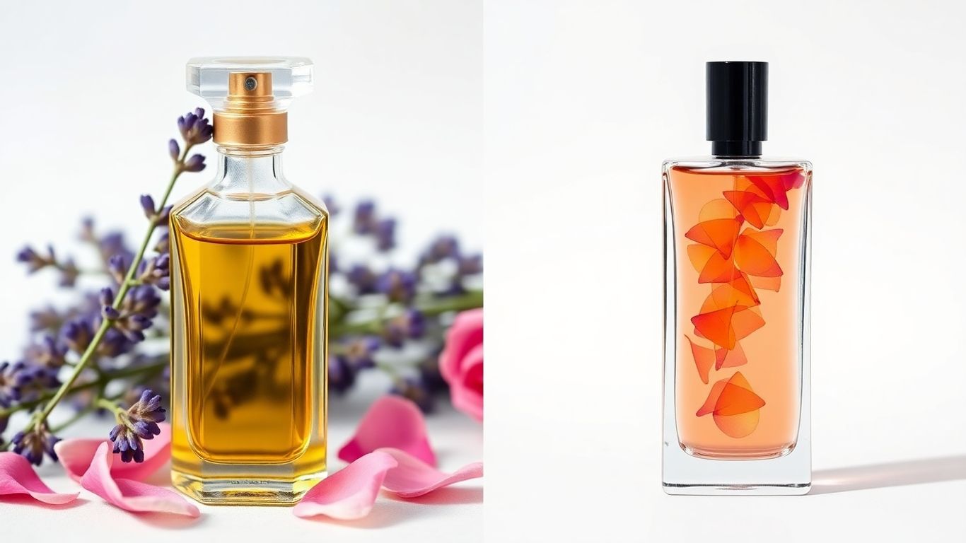 Perfume bottles, natural and synthetic, side by side.