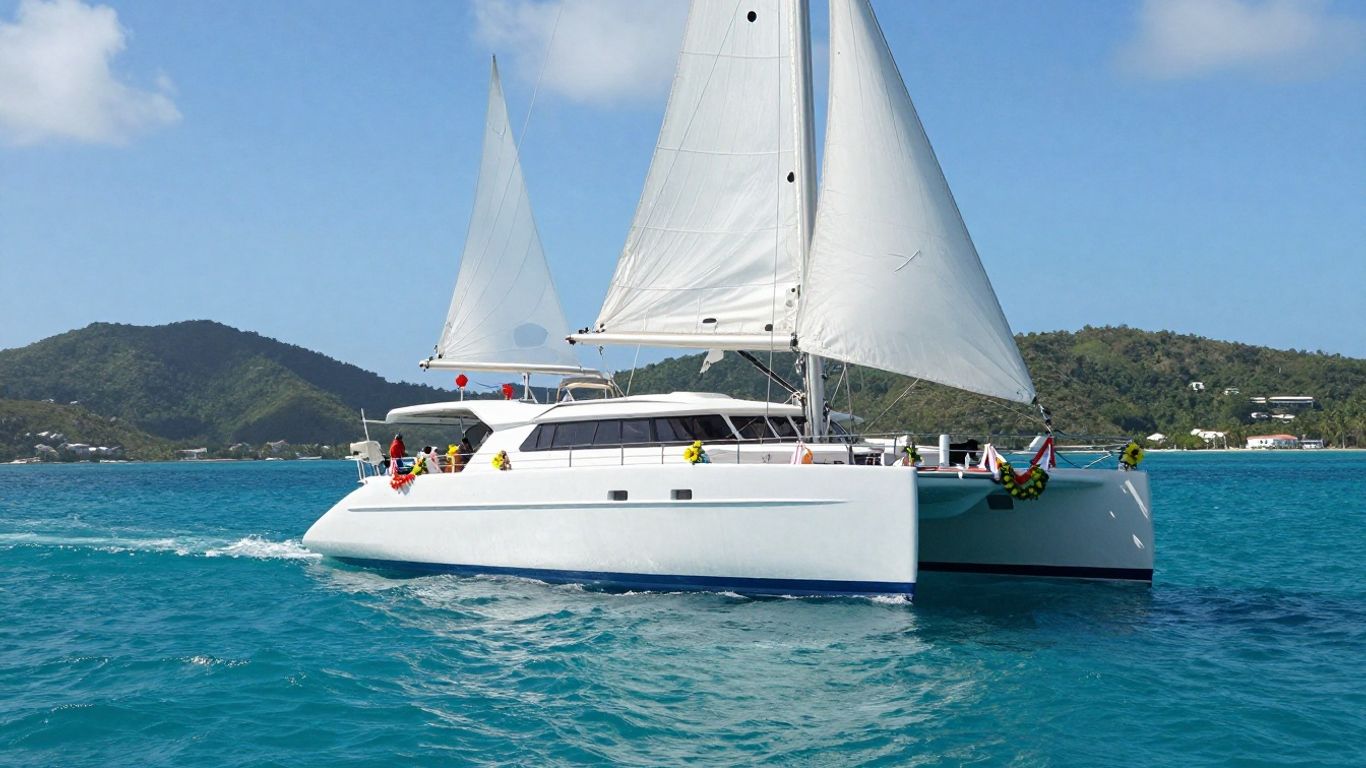 Catamaran sailing in Virgin Islands with festive decorations.