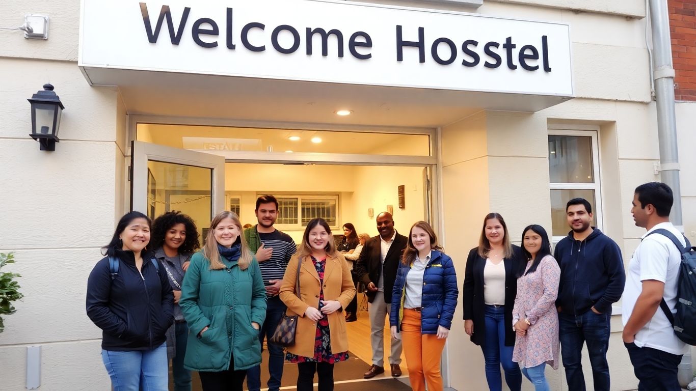 Hostel entrance with people outside