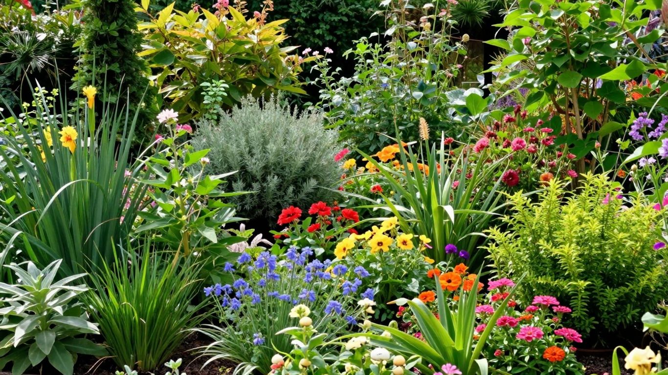 Kleurrijke bloemen en groene planten in een zonnige tuin.