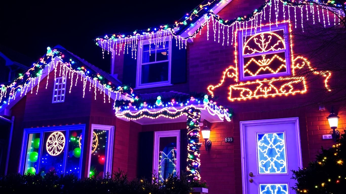 House decorated with bright Christmas lights.
