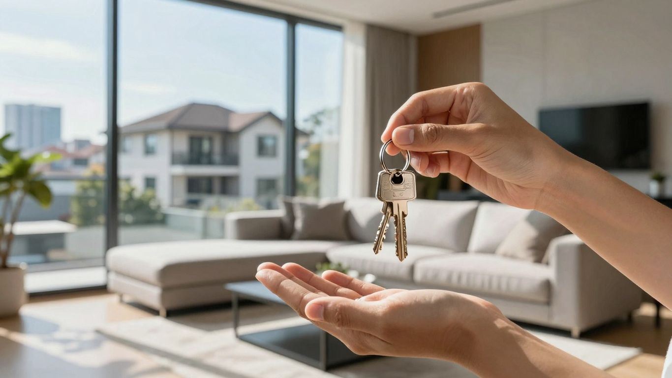 Keys to a new investment property with cityscape view.