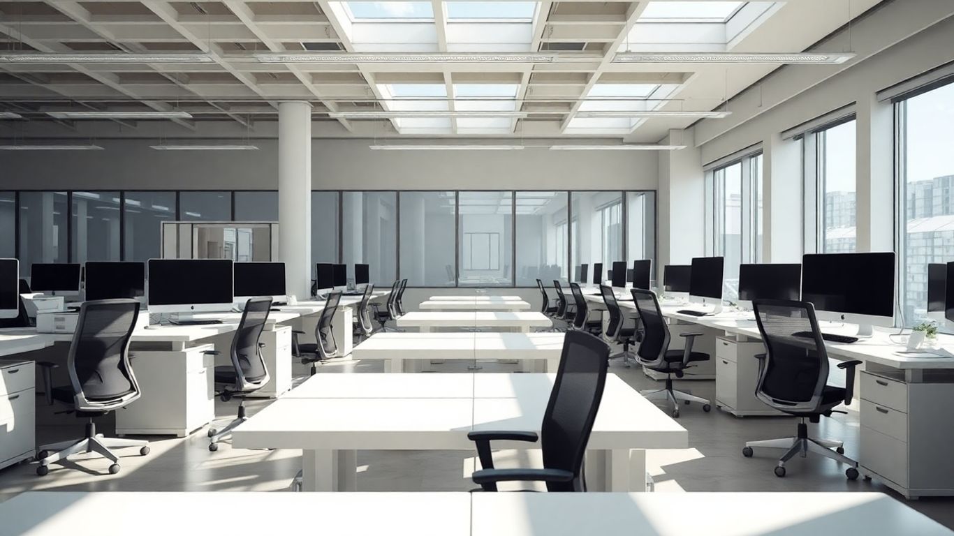 Moderner, heller Büroraum mit optimierten Arbeitsplätzen.