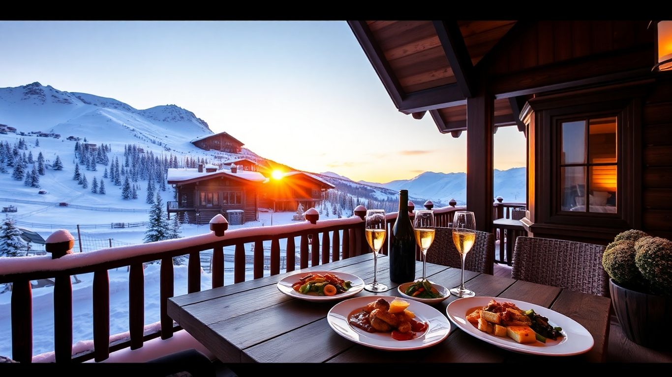 Rent Luxury Holiday Villas Val d'Isère Savoir-Vivre: The Elite Guide to Espace Killy's Gourmet Scene and Off-Piste Gourmet food and champagne on a terrace in Val d'Isère.