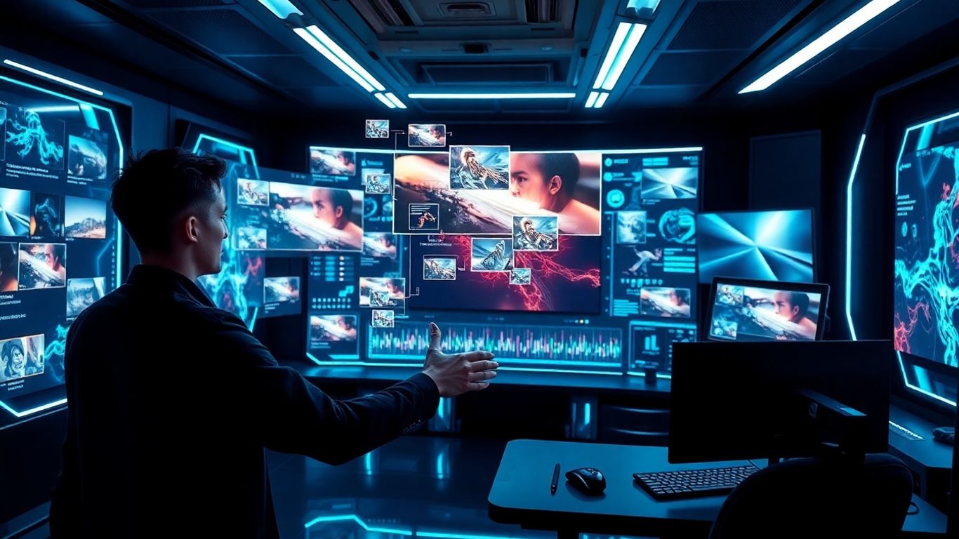 AI video editing suite with holographic clips