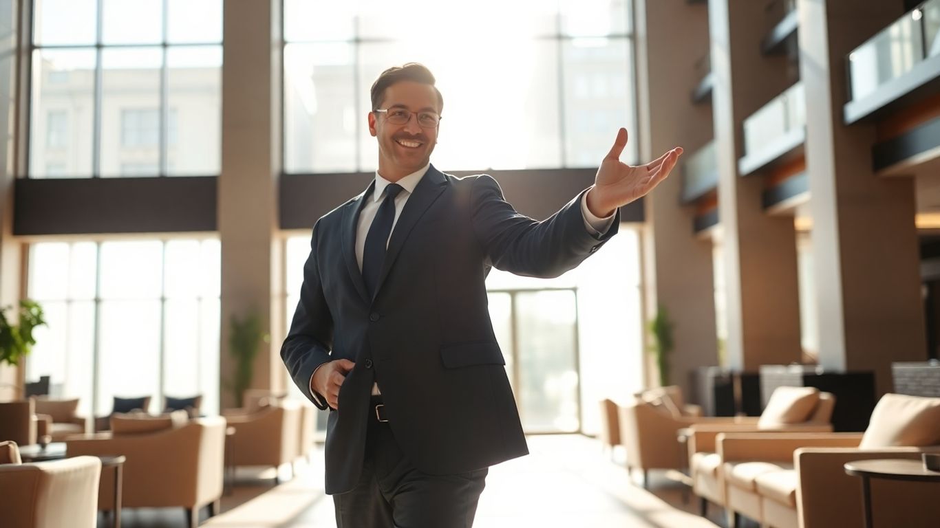 Consultant en hôtellerie dans un lobby d'hôtel moderne.
