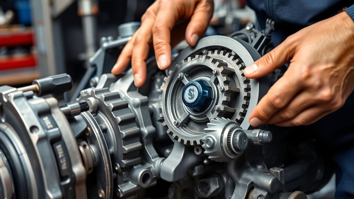 Mechanic working on Skoda car transmission gears.