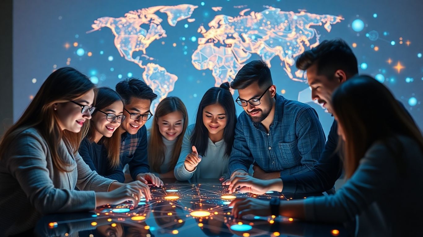 People collaborating with glowing digital interfaces and global connections.