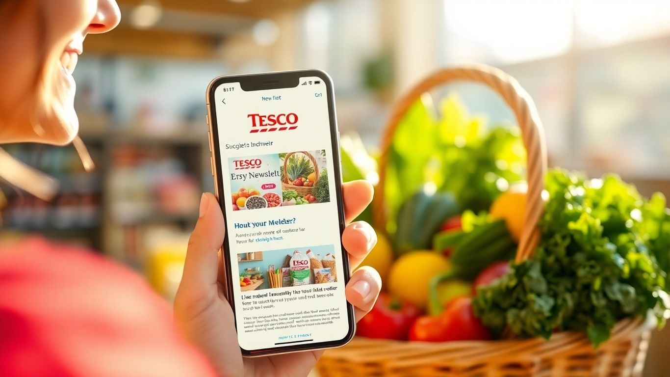 Person with groceries and Tesco newsletter on phone